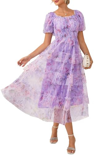 GRACE KARIN Vestido de verano para mujer, manga corta, floral, vestido de invitado de boda, elegante, midi vestido de noche, vestido de playa, verano