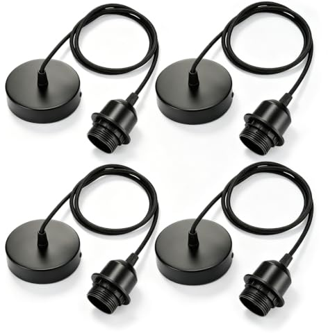 KFSCIP 4 Pcs Black Pendant Light Fitting, Ceiling Rose Light Fitting, Four Black Ceiling Light Fittings, One Metre Cord, Modern Lighting Solution for Home Interiors
