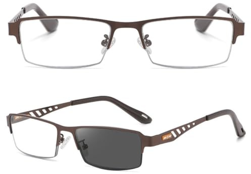 Gafas de Lectura Fotocromáticas Hombre, Gafas de Lectura Progresivas | Lentes Multifocales Anti Luz Azul, Gafas de Sol Medio Marco Metal, Bisagras Flexibles