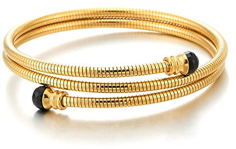 COOLSTEELANDBEYOND Due Giri Bracciale da Donna Uomo, Acciaio Oro Cavo del Polsino con Nero Zirconi Charms