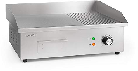 KLARSTEIN Grillmeile 3000GR Pro - Piastra Elettrica in Ghisa, Superficie: 54,5 x 35 cm (2/3 liscia & 1/3 ondulata), 50-300°C, 3000 W, Grill Elettrico Professionale con Paraspruzzi, Acciaio Inox