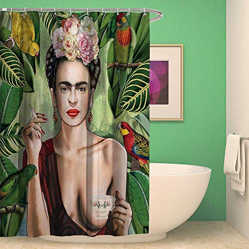 ZZDXW Duschvorhang 180x220 Vintage Frida Shower Curtains Anti-Bakteriell Duschvorhang Antischimmel Waschbar Duschvorhänge Polyester mit 12 Duschvorhangringen Duschvorhang Grau