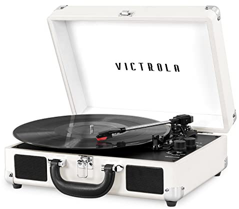 Victrola Vintage 3-Speed Bluetooth Portable Suitcase Record Player with Built-in Speakers | Upgraded Turntable Audio Sound|White/Silver, Model Number: VSC-550BT-WHT-EA