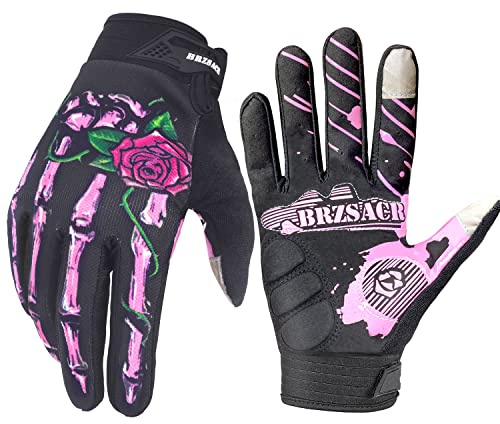 BRZSACR Skeleton Cycling Gloves Motorcycles Gloves Off-Road Vehicle MTB, Bicycle Gloves Shock Absorption Non-Slip Touch Screen Design,for Various Outdoor Sports. (S, Pink)