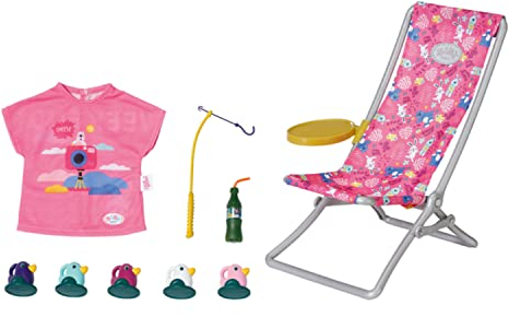 BABY born 832790 Weekend Fischen - Puppenzubehör Angel-Set mit bunt bedruckten Liegestuhl mit Ablagetischchen, Flasche, Korb, Enten und Angel sowie pinkem Longshirt, Pink
