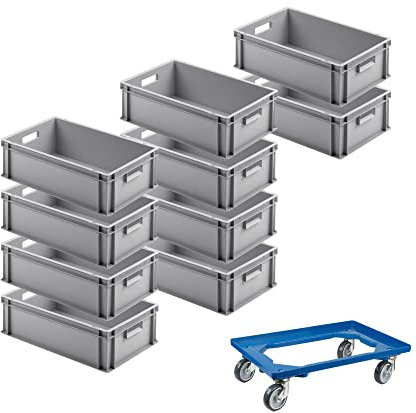SparSet 10x Eurobehälter mit offenem Griff & 1x Transportroller Blau | HxBxT 17,5x40x60cm | 30 Liter | Eurobox, Transportbox, Transportbehälter, Stapelbehälter