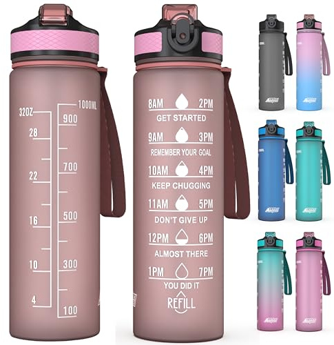 Freak Athletics Water Bottle 1L - 1 Litre Sports Bottle Leak Proof, Water Bottle w/ Time Markings & Filter, Motivational Sports Water BPA Free Running,cycling, Gym, School & Office (Pink), Rose Pink