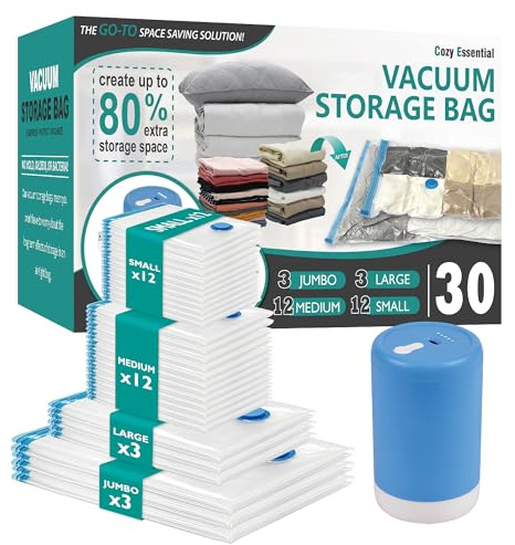 Cozy Essential Travel Vacuum Storage Bags with Rechargeable Cordless USB Pump, Space Saver Bags for Luggage, Suitcase, Carry-On, for Clothes, Blankets, Bedding & Seasonal Storage,30 Combo
