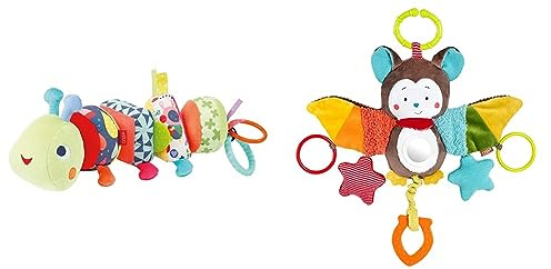 Fehn 055399 Activity-Puzzle-Raupe Color Friends – Motorikspielzeug zum Greifen & Activity-Spieltier Fledermaus – Baby Motorikspielzeug für Kinderwagen