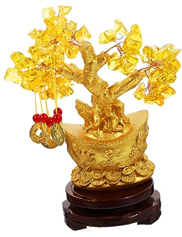 Warmhm Kristall Geldbaum Desktop Ornament Aus Kristall Material Feng Shui Glücksbaum Tischdekoration Für Zuhause Und Büro 19cm Hohe Citrin Geldbaum Mit Kleinen Yuanbao