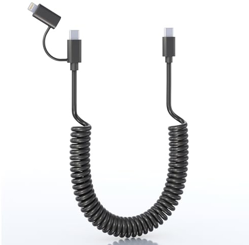 Yeemie USB C Lightning Kabel 2 in 1 Spiralkabel für Apple CarPlay Android Auto - 1,5M 60W Schnellladung Daten Kurz Multi Ladekabel für iPhone 15/14/ 13/12/ 11 iPad Laptop Huawei Samsung Android