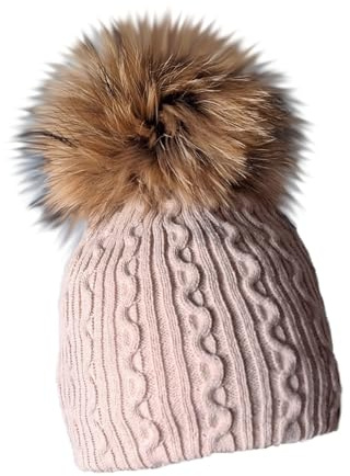 MERRYLAND Mütze Echtfellbommel Pudelmütze ECHTFELL Beige Bommelmütze Black Hat Real Fur Beanie Handmade Fellbommel Echt Fell Strickmütze Fellmütze Bommel Pelzbommel Pelz