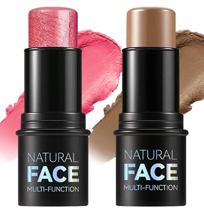 2Pcs Rouge & Contouring Stick, Smooth Cream Multi-use Face Makeup Stick, Langanhaltende Wasserdicht, Hochpigmentiertes Blush Bronzer Wand für alle Hauttypen geeignet, Geschenke für Frauen-03+04
