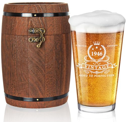 LIGHTEN LIFE 80th Birthday Gifts for Men 450ml,1946 Beer Glass in Barrel Box,80th Birthday Gift Ideas,1946 Beer Glass for 80 Years Old Dad,Husband
