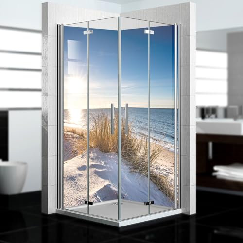 dedeco Eck-Duschrückwand wasserfest Motiv: Dünengras V7, UV-Lack glänzend, 2 x 100x210 cm, Badrückwand zum Fliesenersatz, als Dekorwand, Wandverkleidung und Duschplatte aus Aluminium - Made in Germany