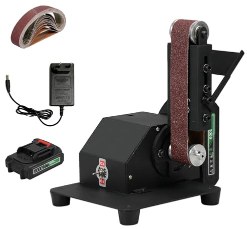 Juego de máquina de lijado con cinta HUIOP Mini lijadora de banda de 250 W, amoladora de banco eléctrica, máquina de lijado, amoladora pequeña, afilador, máquina pulidora con 10 correas de lijado para