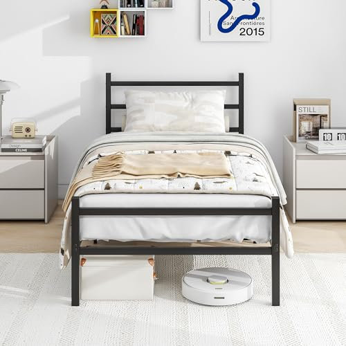BORPHOM 3ft Single Bed Frame with Headboard,Heavy Duty Metal Platform Bed Frame No Box Spring Needed,Mattress Foundation,Solid Slatted Bedstead Base,Under-bed Storage,Noise Free,Black