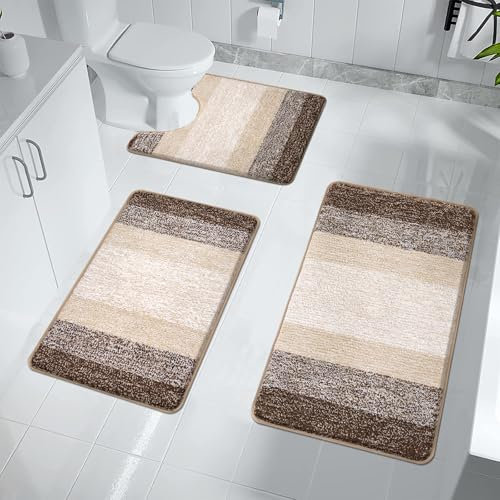 Enyhom Bath Mat Sets 3 Piece Non Slip Washable Bathroom Mat and Pedestal Mat for Toilet Soft Water Absorbent Bath Toilet Rug Floor Shower Rug, Coffee