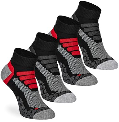 Flerstrumpa 4 par korta vandringsstrumpor sneakers – utomhus vandring vandring – anti-bubbelstoppning – fullfrotté skydd för män och kvinnor Coolmax allväder, 4 par (svart/röd), 42-45 EU