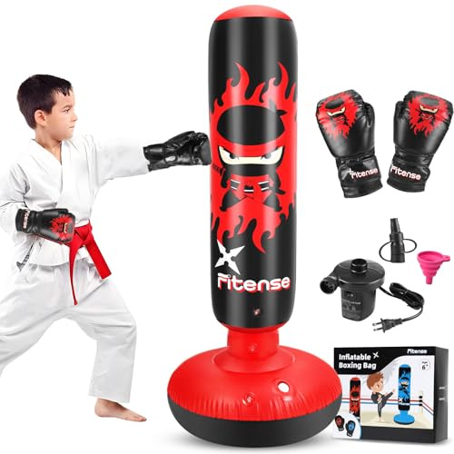 Fitense Kids Punching Bag, 63 Inch Inflatable Punching Bag + Electric Air Pump + Boxing Gloves, Kids Boxing Bag for 6-12 Year Olds, Red Ninja Karate Gift Toy for Christmas Birthday