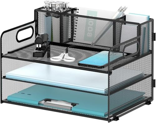Mesh Desk Organizer mit 3 Stifthaltern, 3/5-Tier Paper Letter Tray Organizer mit Griffen, Desktop Organizer und Lagerung für Büro Schulbedarf (Schwarz 3-Tier)