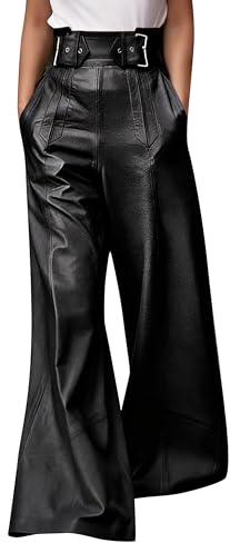 oshoplive Women's Faux Leather Pants PU High Waist Wide Leg Pants with Pockets Pleated Going Out Flare Trousers,Black M