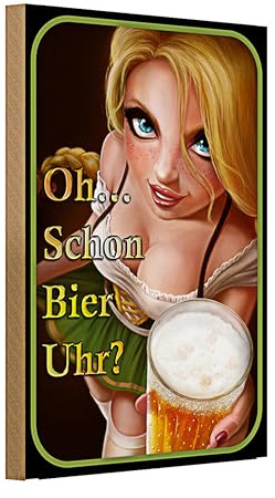 Bier Uhr Holzschild mit animierter Blondine | Perfekt für Bar & Küche | Lustiges Geschenk für Bierliebhaber | 20 cm x 30 cm