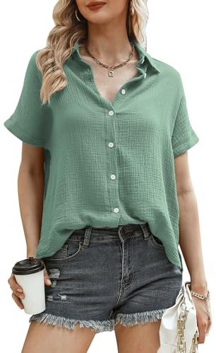 Aottori muslinblus, damer, eleganta toppar, 100 % bomull, kortärmad skjortblus med V-ringade blusar, tunika, toppar, sommar, Te grön, L