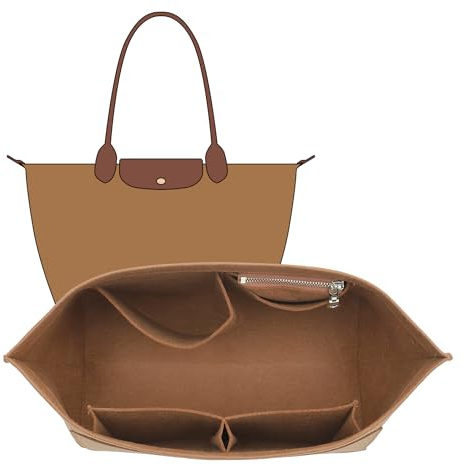 OAikor Felt Purse Organizer Insert Compatible with Longchamp Le Plaige M Tote Bag, Zipper Long Champ Medium Organizer with Cup Holder for Tote Handbags, 8 Compartments (Gold Brown,M)