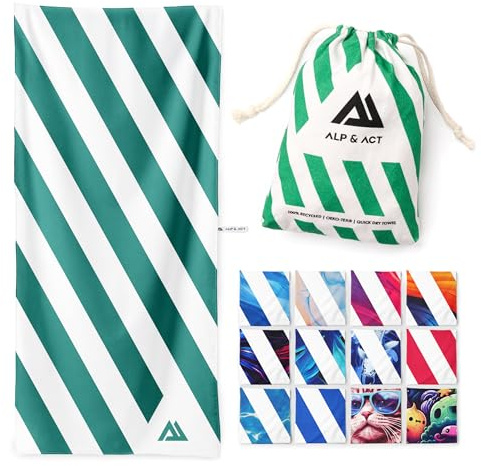 ALP & ACT Strandtuch XXL 200x90 cm - 100% recycelte Mikrofaser - EXTRA LEICHT & schnelltrocknend - großes Microfaser Handtuch für Urlaub & Strand - Badetuch inkl. Baumwollbeutel - grün