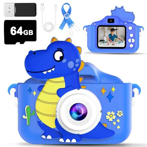 Kinderkamera Dino Edition – 64GB Digitalkamera für kleine Fotografen (3-12 Jahre), 1080P HD Videokamera, Spiele, Musik, Das ideale Kinder Geschenk für Geburtstage, Weihnachten & den Alltag!