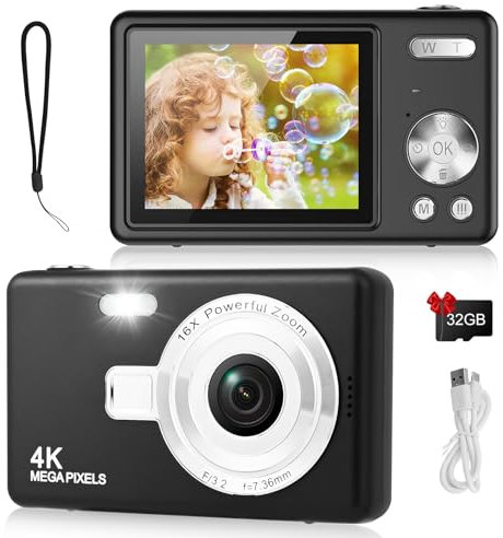 Digital Camera - 1080P FHD 44MP with 2.4 LCD Screen Compact Portable Vlogging Photo Camera with 32gb SD Card 16X Digital Zoom for Kids Teen Students Beginner (Upgrade Black)