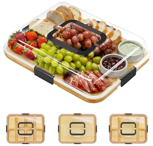 SpaceAid Charcuterie Board with Clear Lid, Portable Travel Cheese Cutting Boards for Picnic Accessories, Bamboo Serving Tray with Lids, House Warming Gifts, Black Handles, 1 Compartments