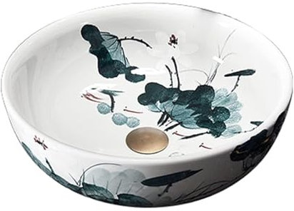 PUFAHAU Lavabo de cerámica para baño, Lavabo de cerámica para baño, Cuenco Redondo de Porcelana Azul y Blanca, encimera artística con Estampado de Hoja de Loto.
