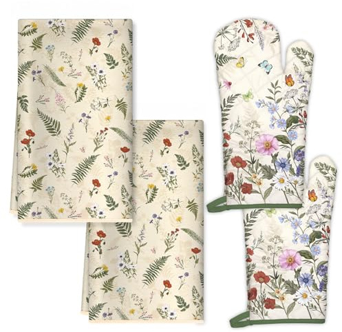 Arquiel Rustic Flower Kitchen Towels and Oven Mitts Set 4Pcs, Soft Absorbent Dish Cloth Heat Resistant Oven Gloves for Cooking Baking Kitchen Decoration, Gifts for Her
