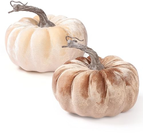 LEUCHTAMOR 2pcs Artificial Velvet Pumpkins Fake Fabric Pumpkin Fall Harvest Pumpkins for Halloween Autumn Harvest Festival Home Table Decor (Coffee/Beige)