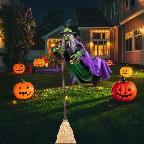 Generisch Halloween Hexe Fliegende Auf Besen, Halloween Animatronic Deko Outdoor, Mit Gruseligen Geräuschen Und Lichtern, Für Draußen, Spukhaus, Garten, Hof, Rasen