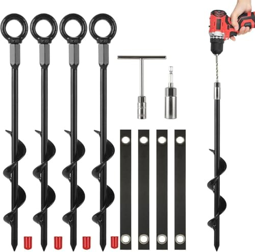 Trampoline Anchors Stakes Kit - Lot de 4 40cm Ancres au Sol vissées avec Sangles à Attacher réglables pour Awning RV, Jeu de balançage, baldaulin, Tente et Sorties de Cravate pour Chiens (Lot de 4)