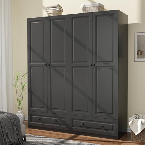 LABROSKIA Armoire Wardrobe Closet with Drawers: 74 Bedroom Closet for Hanging Clothes, Black Wardrobes Closets with Doors, Modern Armoire Cabinet with Shelves (Black, 63)