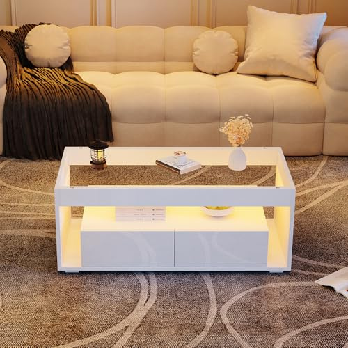 Mesa de centro moderna con luz LED, mesa rectangular con 2 cajones grandes, amplia mesa de salón de cristal, diseño de doble capa, alto brillo, mesa de salón grande, color blanco 100 x 50 x 40 cm