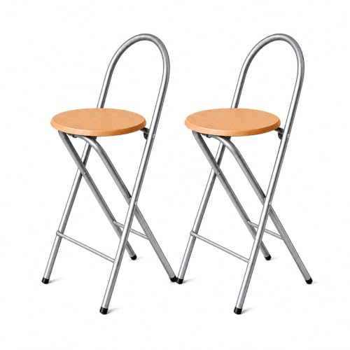 KMH® Barhocker Bill 2er-Set klappbar mit Lehne & Fußstütze – Silber/Buche