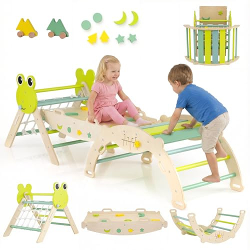 COSTWAY 8 en 1 Triangle d'escalade Enfant Pliable sur Thème Grenouille avec Rampe & Échelle de Corde, Arche d'escalade Montessori en Bois avec 8 Blocs & Labyrinthe, Aire de Jeux Intérieur pour 1 an+