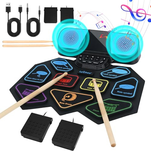Lychee Elektronisches Schlagzeug, faltbar, 9 Pads, Stereo-Elektronisches Schlagzeug, integrierte Lautsprecher, externe Verbindung unterstützt, ausgezeichnetes Geschenk