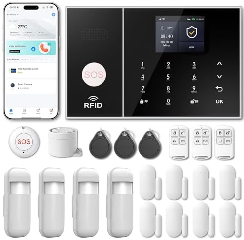 RenseCum Sistema de Alarma para casa con WiFi + 4G gsm, Kit Alarma casa sin cuotas, notificaciones por App, Llamadas y SMS, Ampliable inalámbrico Compatible con Alexa y Google Assistant (Kit de 21)