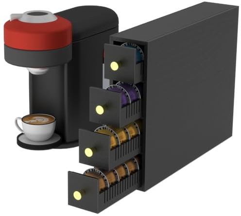 Suli Coffee Pod Holder for Nespresso Vertuo, 52 Pods Large Capacity, 4-Tier Coffee Pod Organizer for Countertop, Dual Orientation, Space Saving Coffee Capsule Storage Drawer, Black