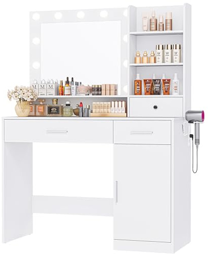 DUMOS Vanity Desk Makeup with Mirror LED Lights, White Table with Power Outlet 2 Drawer, 4 Storage Shelves Cabinet & 3 Lighting Mode Adjustable Brightness, Dressing Tables for Bedroom