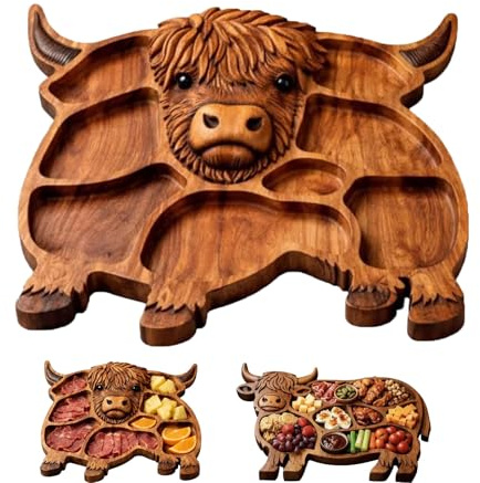 Planche de charcuterie en Bois de Vache des Highlands, Plateau de Service en Forme de Vache avec Compartiments, Plateau de Fromage de Ferme Rustique pour la Maison (#B)