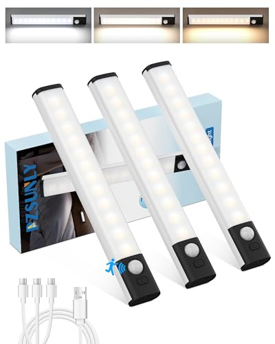 PZSUNLY Schrankbeleuchtung - 20 cm Schranklicht mit Bewegungsmelder 3000K-6000K, 3-in-1 Aufladung, 3 Farbtemperaturen Bewegungsmelder Innen Unterbauleuchte Led für Küche/Schrank/Regal (3 Stück)