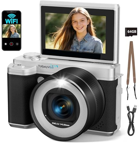 Digital Camera for Teens & Beginners, 5K WiFi Compact Digital Camera with 180° Flip Screen, Vlogging Camera for YouTube, Portable Travel Camera with 18X Zoom, 64GB Card