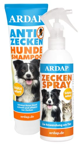 ARDAP Zecken Set: Anti Zecken Shampoo für Hunde 250ml + Zeckenspray zur Anwendung am Tier 250ml - Nachhaltiger Zeckenschutz, hygienische Fellpflege, bis zu 4 Wochen Schutz vor Zecken, Flöhen (PT19)
